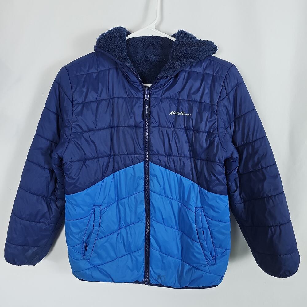 Eddie Bauer Boys Medium (10/12) Puffer Jacket Blue Fleece Hooded Coat